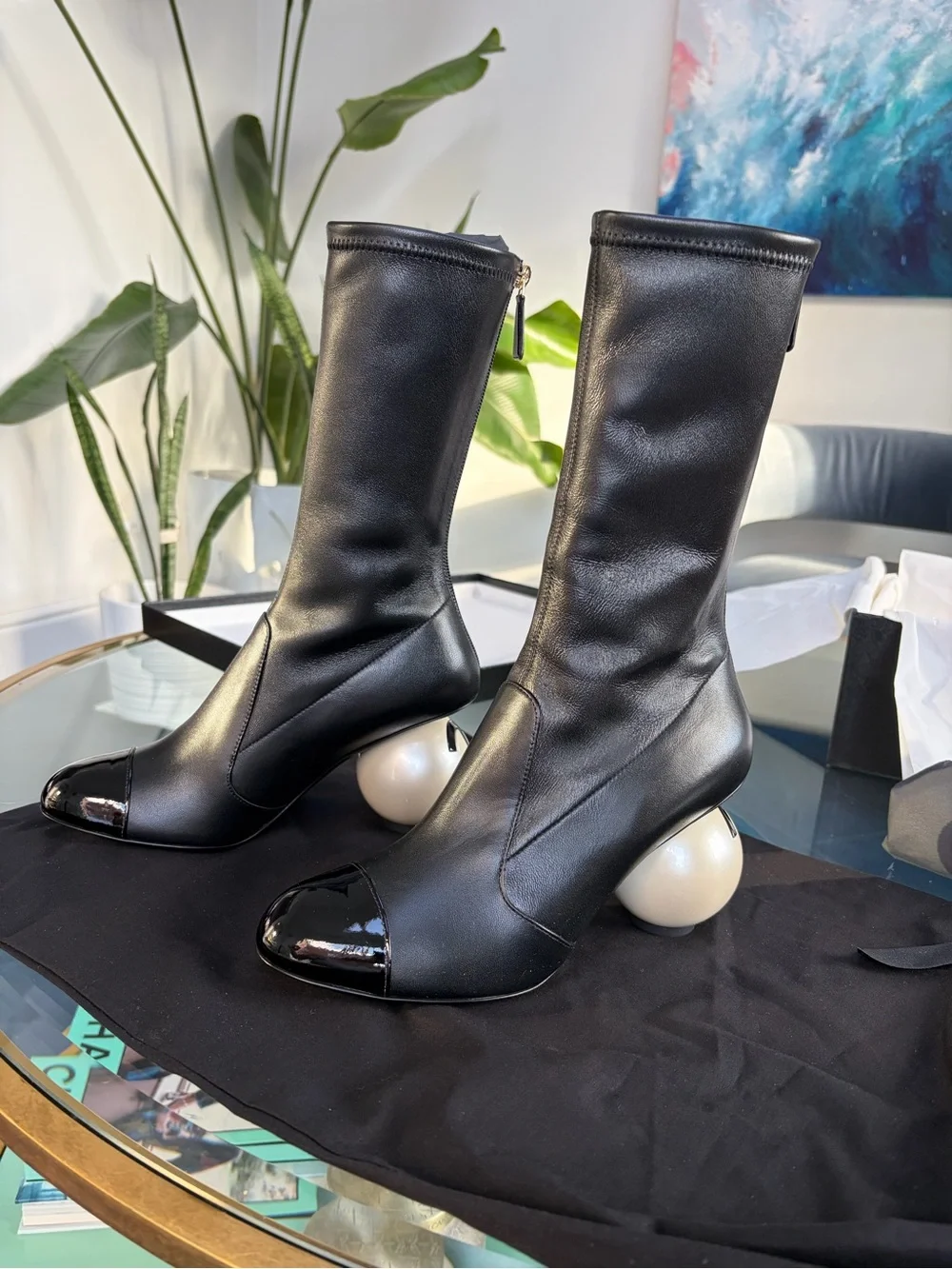 CHANEL 25K Pearl Ball Heel CC Logo Stretch Black Leather Mid Calf Boots 38.5 NIB